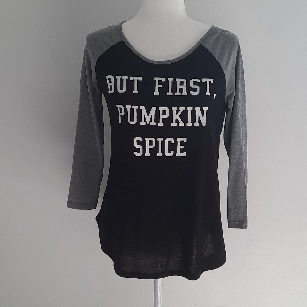 But First Pumpkin Spice Graphic baseball Tee size Medium